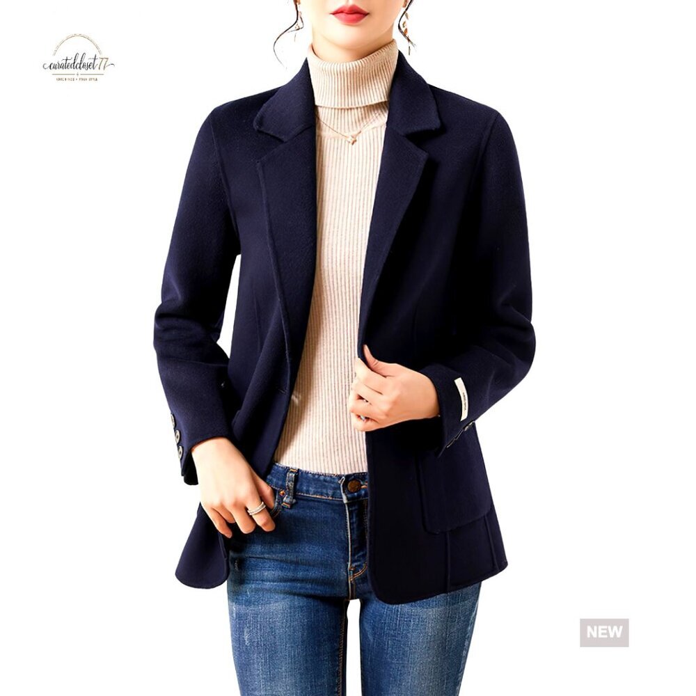 Wool Blend Blazer Pea Coat Notched Lapel Button Closure Pockets